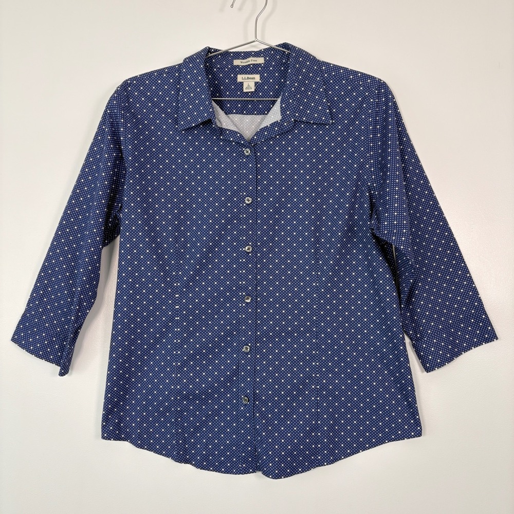 L.L.Bean Women Button Up Shirt Large Blue Polka Dot Wrinkle Free 3/4 Sleeve